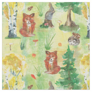 Tissu Aquarelle de bois de lapin, Hérisson, renard