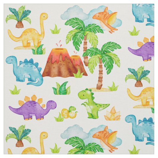 Tissu Aquarelle Dinosaur Volcano Palm Tree Enfants bébé (Échantillon)
