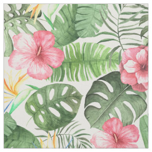 Tissu Aquarelle Fleurs tropicales et Hibiscus de feuilla