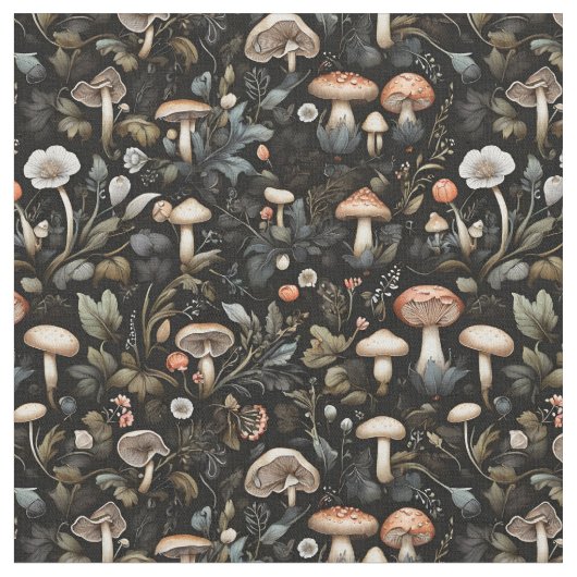Tissu Aquarelle Forêt Verdure Champignons Automne (Fermer)