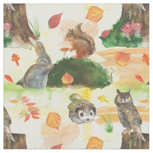 Tissu Aquarelle Lapin, chouette, écureuil, hérisson