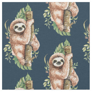 Tissu Aquarelle mignonne Sloth & Feuilles tropicaux
