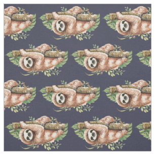 Tissu Aquarelle mignonne Sloth & Feuilles tropicaux