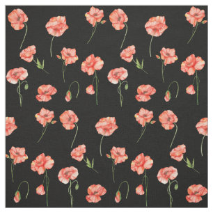 Tissu Aquarelle Rouge Fleurs de pavot Floral Noir