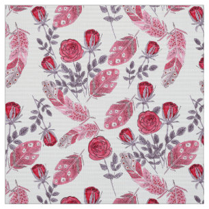 Tissu Aquarelle rouge roses fleurs plumes blanc