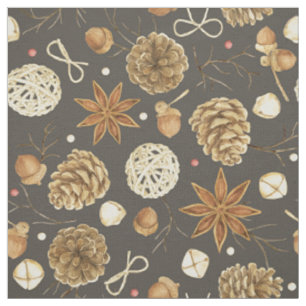 Tissu Aquarelle Rustique de Cônes de Pin de la Forêt en