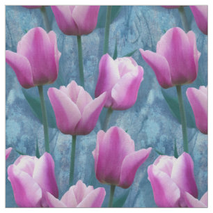 Tissu Aquarelle Tulipes roses et stuc bleu