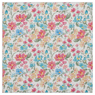 Tissu Aquarelles Florales en Rose et Bleu, Jardin Floral