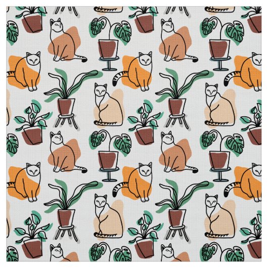 Tissu Art de trait dessin chats et fleurs (Échantillon)