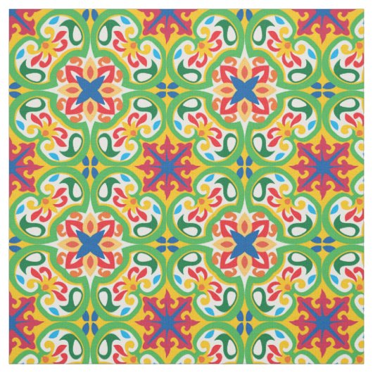 Tissu Azulejo vert, jaune et rouge joyeux (Échantillon)