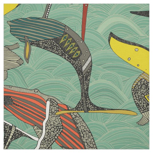 Tissu baleines et vagues jade (Échantillon)