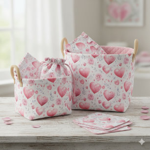 Tissu Ballons en forme de cœur et roses roses à l'aquare