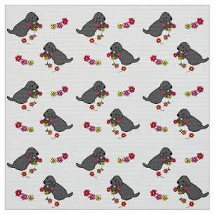 Tissu Bande dessinée noire de panier de fleur de chiot