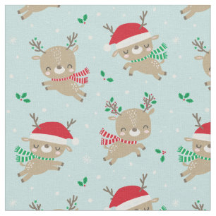 Tissu Beau Noël Reindeer Chapeaux de Père Noël sur Bleu