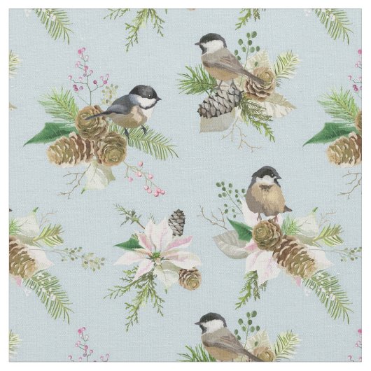 Tissu Beau Oiseau d'hiver et fleurs (Fermer)