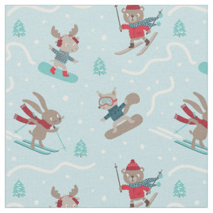 Tissu Beaux animaux de ski et de snowboard sur bleu clai