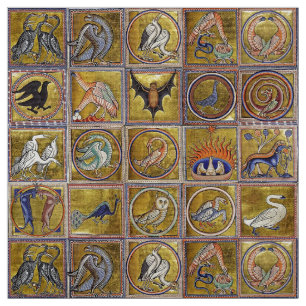 TISSU BESTIAIRE MÉDIÉVAL, ANIMAUX FANTASTIQUES, ROUGE D'