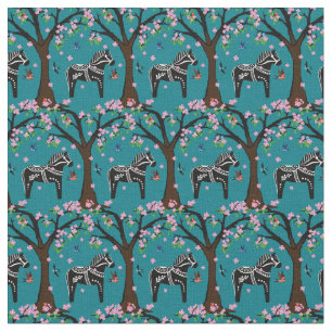 Tissu Black/white Folk Dala Horloge/Folk birds/fleurs