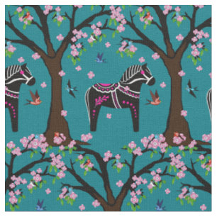 Tissu Black/white/rose Folk Dala Horloge/oiseaux/fleurs