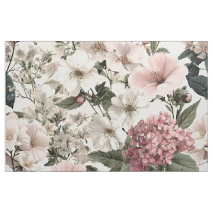 Tissu Blanc Rustique Rose Botanique Pastel Vintage Flora