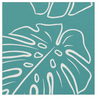 Tissu Blanc Tropical Leaf Motif Sur Cyan Turquoise Blue