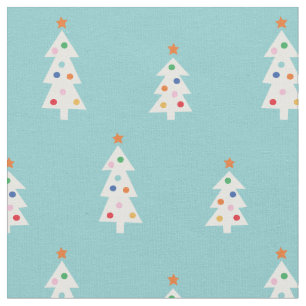 Tissu Blancs mignons arbres de Noël sur bleu clair