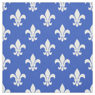 Tissu Bleu Cervin, Fleur De Lis Blanc Motif