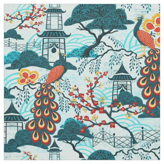 Tissu bleu de Chinoiserie de paon (Échantillon)