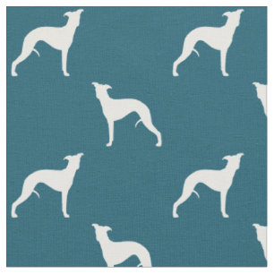 Tissu Bleu de motif de silhouettes de whippet et blanc