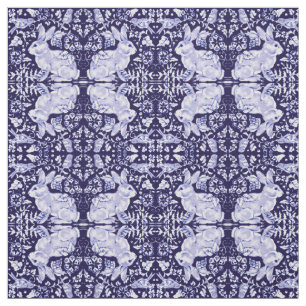 Tissu Bleu foncé et blanc Lapin Lapin Oiseau Petite imp