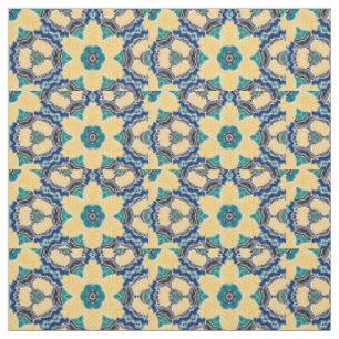 Tissu Bleu, jaune, noir forme de fleur