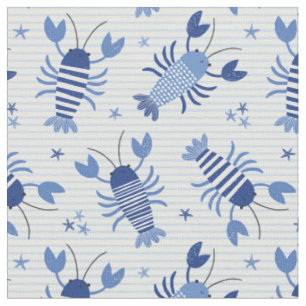 Tissu Bleu mignon Homards sur bleu clair rayé blanc