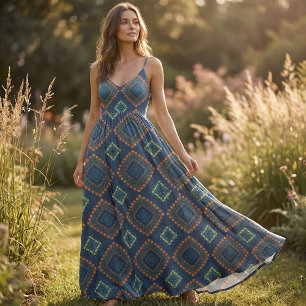 Tissu Bleu profond ethnie Folk Boho Chic Mosaic Motif