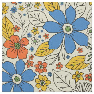 Tissu Bleu rétro, Jaune & Orange Floral