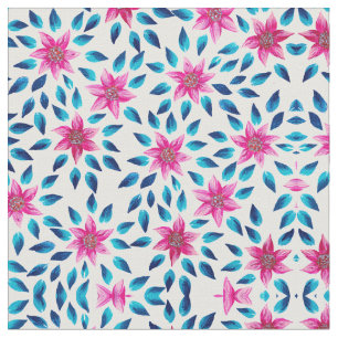 Tissu Bleu rose clair Fleurs Feuilles Peinture acrylique
