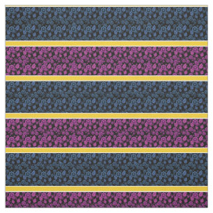 Tissu Bleu/rose floral-or/blanc rayé - noir