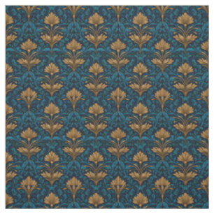 Tissu Bleu Rustique Art Nouveau Gras Floral Doré Vintage