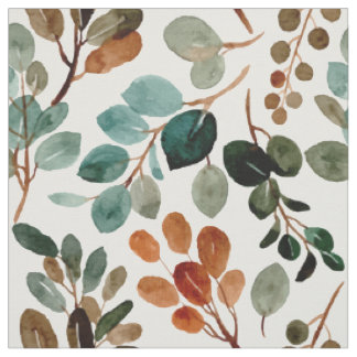 Tissu Bleu sarcelle rouille sauge verte feuilles aquarel
