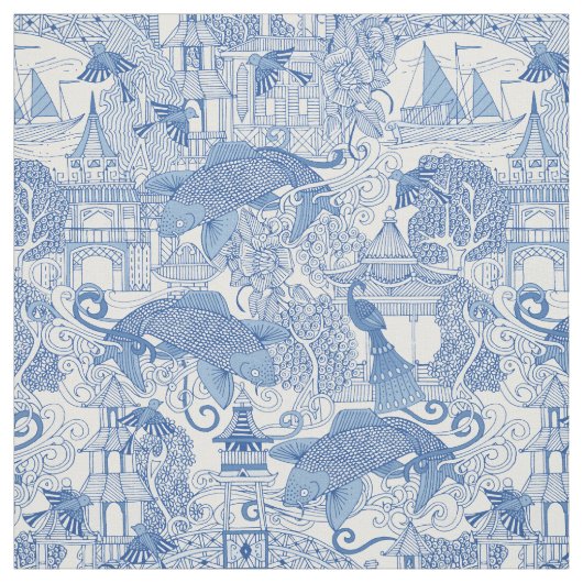 Tissu bleu toile de chinoiserie (Échantillon)