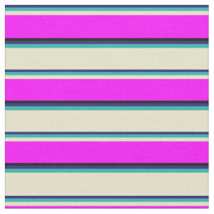 Tissu Bleu, Vert de mer, Bord d'or pâle, Fuchsia & Noir