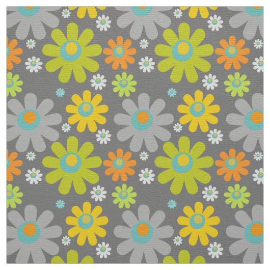 Tissu Boho Retro Multicolor Daisées sur Grey (Échantillon)