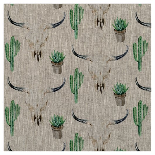 Tissu Boho Rustique Crâne Motif Cactus (Échantillon)