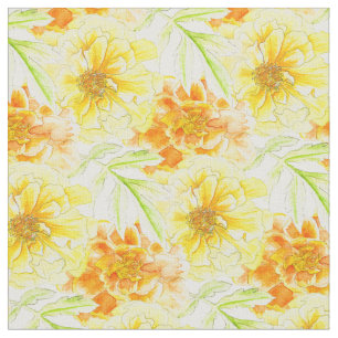 Tissu botanique d'aquarelle de vert jaune de souci