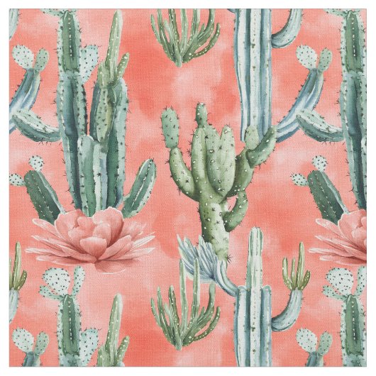 Tissu Cactus aquarelle sur le corail (Fermer)