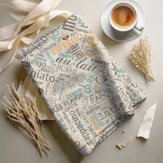 Tissu Café sur Burlap Word Cloud Turquoise ID283