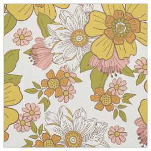 Tissu Callista rétro les années 70 Fleurs jaunes et ro