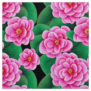 Tissu Camellias rose Fuchsia et Feuilles verts Jade