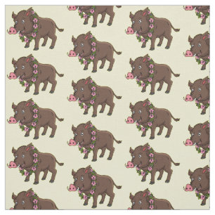 Tissu Caricature mignonne sanglier et fleurs