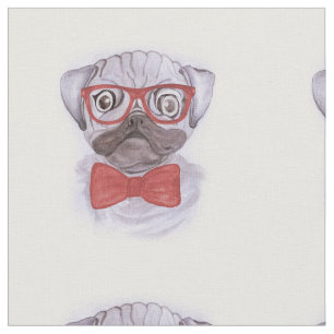 Tissu Carlin d'aquarelle drôle mignon avec lunettes rou