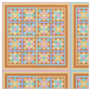 Tissu Carrelage rose terre cuite et carrelage turquoise